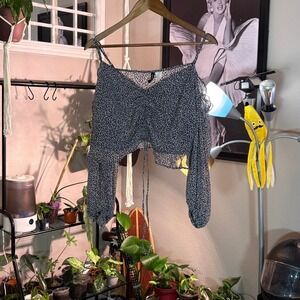 H&M Divided Floral Print Ruched Tie Front Long‎ Sleeve Crop Top XL Blouse